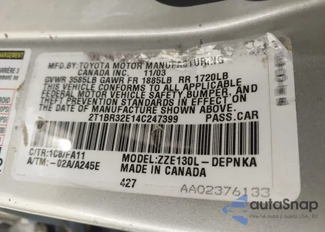 2004 Toyota Corolla Le z USA, uszkodzony, nr VIN 2T1BR32E14C247399